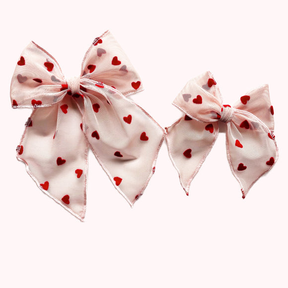 Pink Sheer Flocked Heart Elle Bow